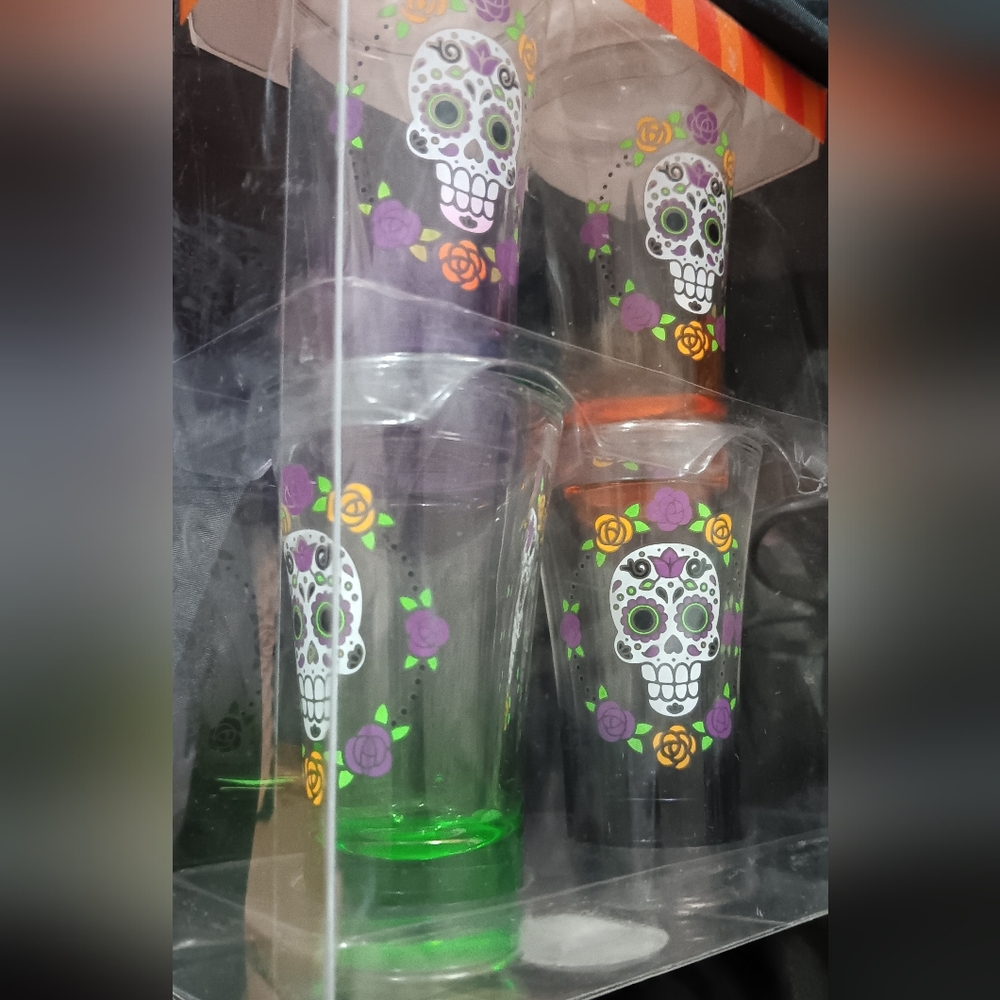 Day of the Dead Sugar Skull Shot Glass Set - Purple & Green